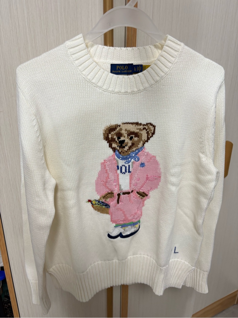 Polo by Ralph Lauren Cream Crewneck Sweater with Pink Teddy Motif